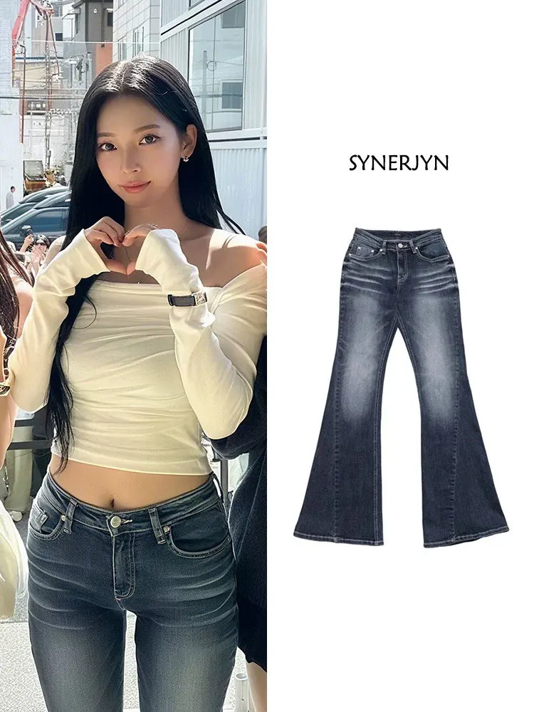 

High Waist Cotton Stretch Denim Flared Jeans Retro Waed Sexy Girl Sle Zipper Closure Slim Fit Ladies Jeans Autumn Season