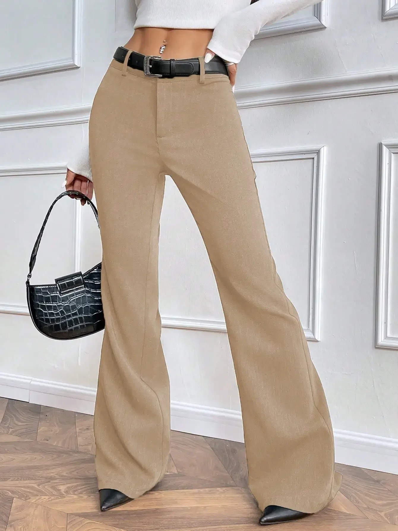 Nice Fashionable Low-waisted Trumpet Foot Mouth Upper Waist Front Door TR Twill Fabric Autumn And Winter Ladies Trousers