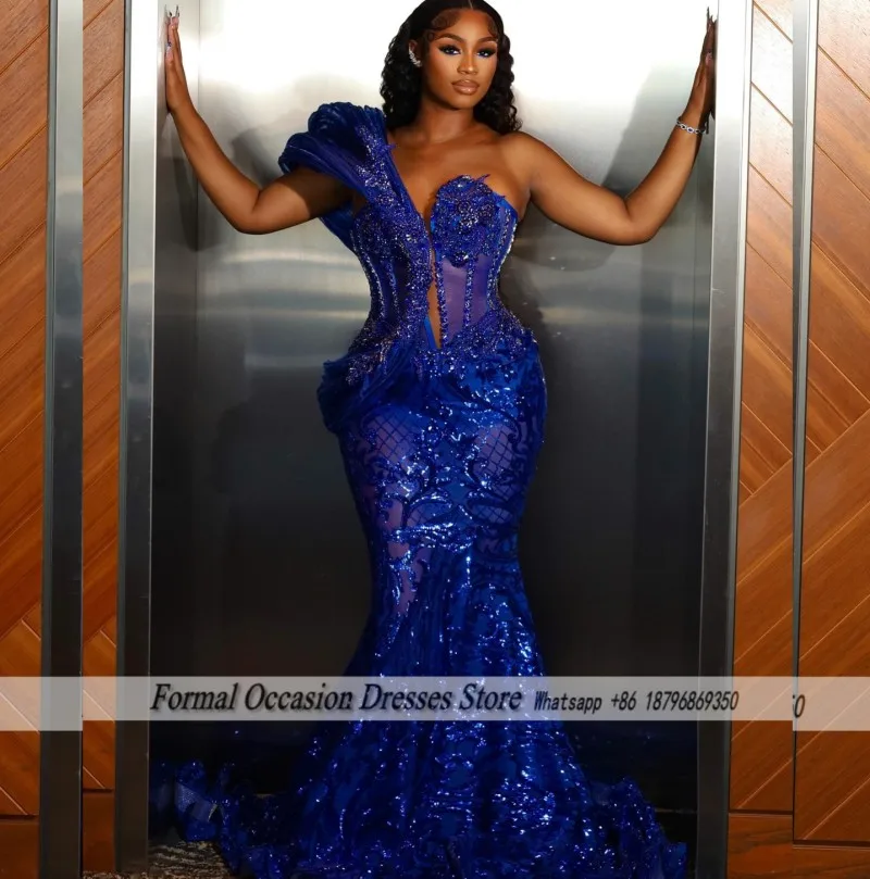 

Bespoke Royal Blue Sequin Prom Dresses 2025 Crystal Mermaid Evening Dress For Women African Party Dress elegantes Customized