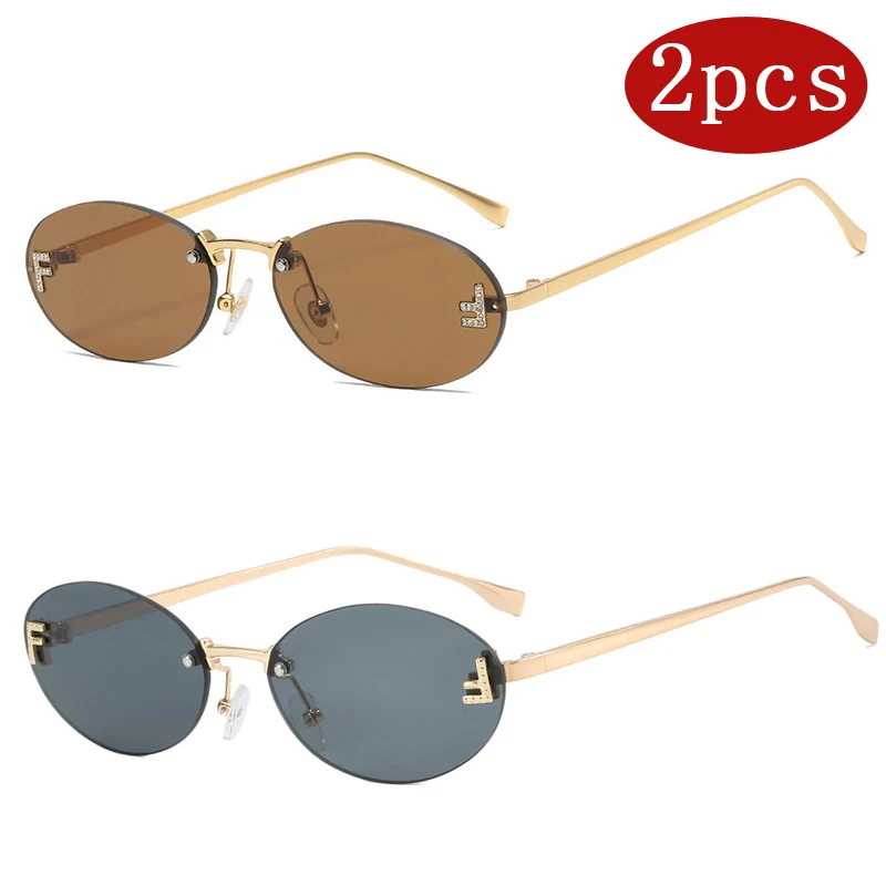 

Motorcycle Rectangle Fashion Elegant Oval Sunglasses Male Letter "F" Rimless Sunglasses Female Travel Driving Goggles Unisex