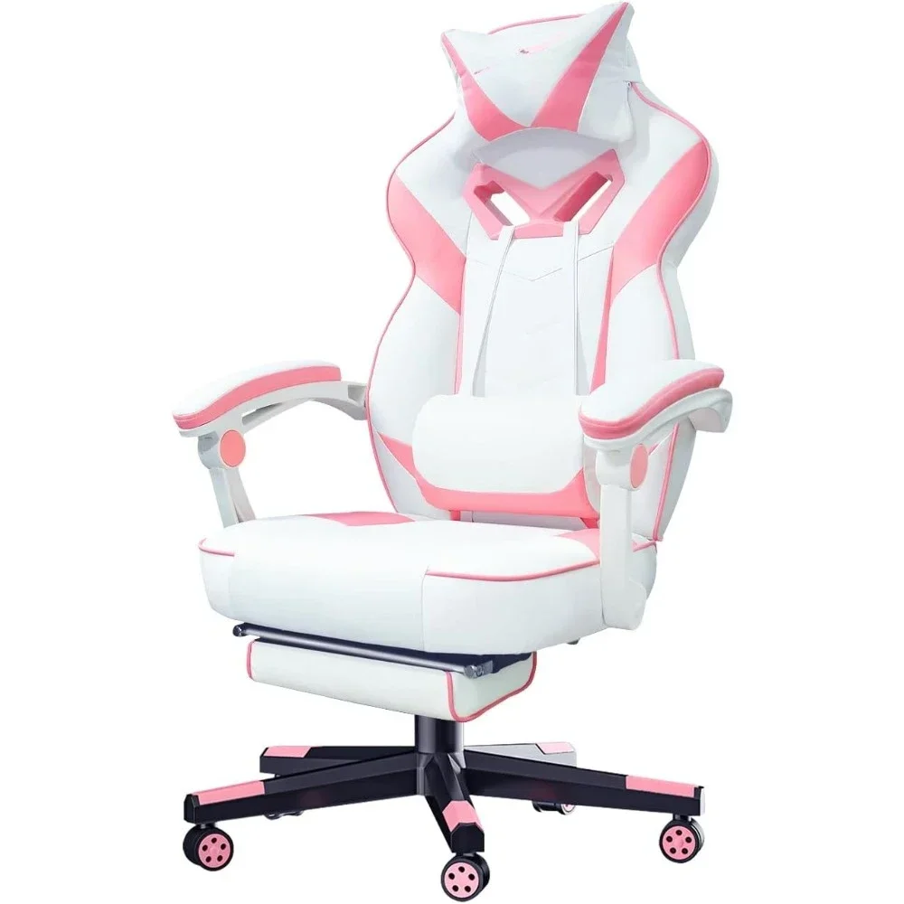 

28 "D x 27" W x 48 "H large pink game chair with waist and headrest, footstool (white and pink), GM