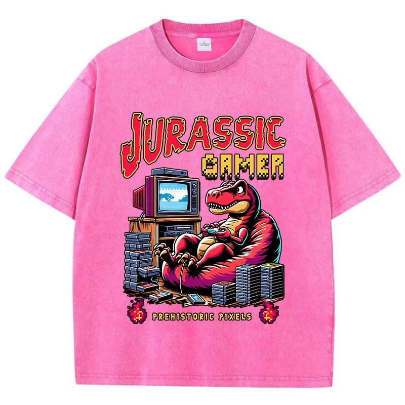 

Street Woman Washed T-Shirts Jurassic Games Vintage Manga Print Short Sleeve Comfortable Cotton Oversize Tops Summer Clothes