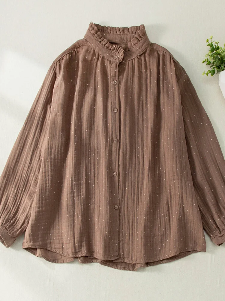 

Женский льняной топ в стиле ретро, длинный све, воротник-стойка, гофрированный подол, хлопковый льняной топ в горошек, свободный крой на пуговицах...