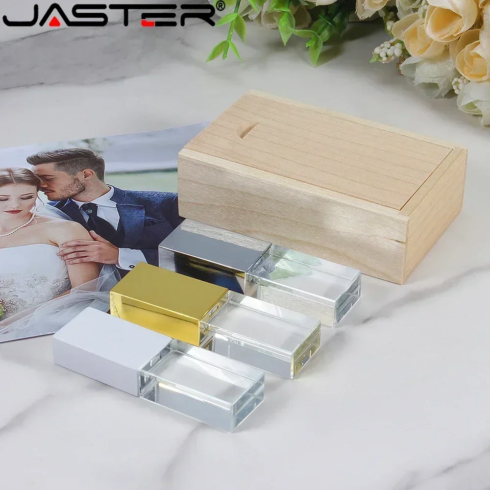 JASTER-Clé USB 2.0 cristal avec boîte en bois, clé USB avec logo personnalisé gratuit, clé USB créative, cadeau d'affaires, 8 Go, 64 Go, 128 Go