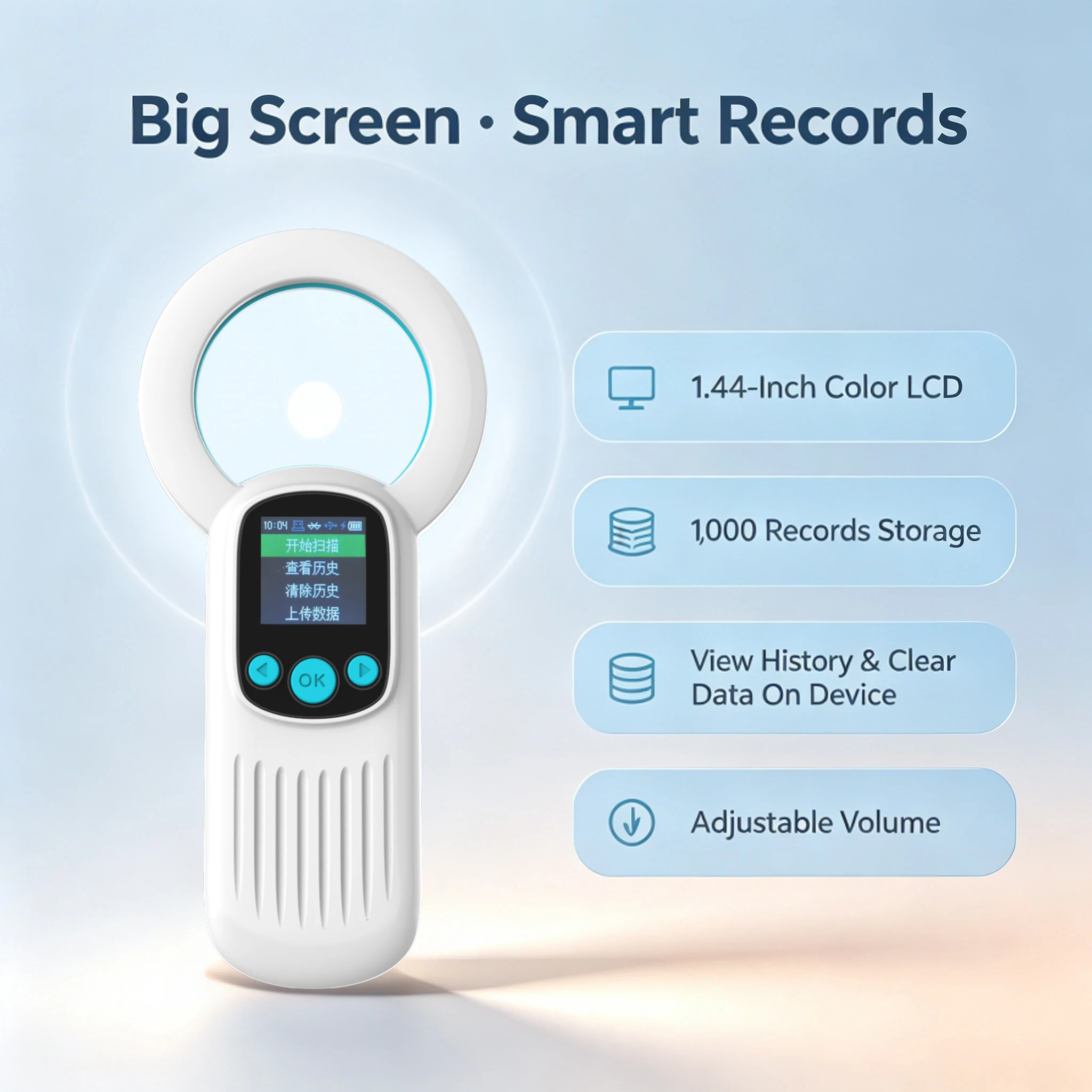 RFID Pet Microchip Scanner 134.2kHz FDX-B EMID ISO11784/85 1.44in LCD 1000 Records USB Type-C Bluetooth 2.4G for Dog Cat