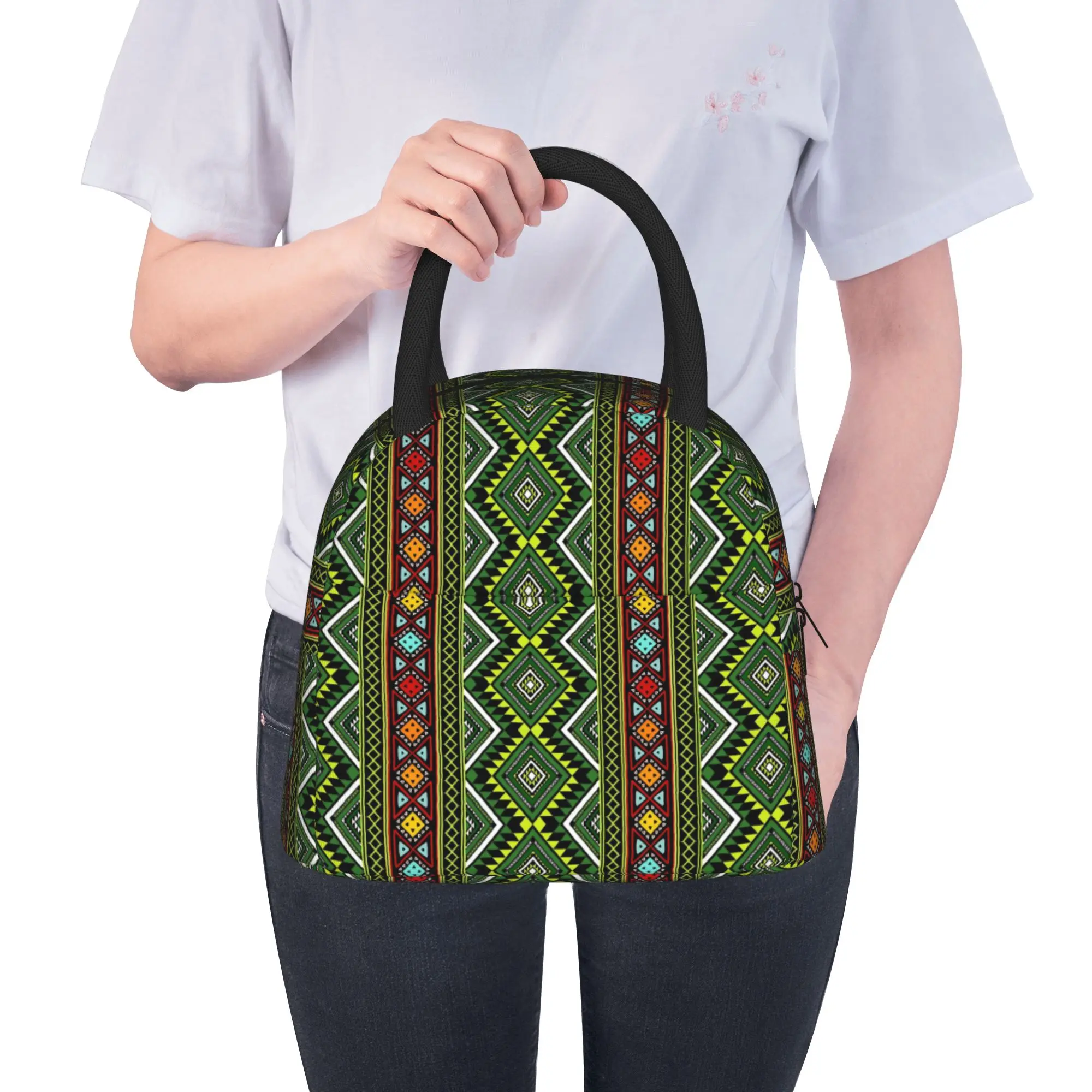 African Ethnic Tribal Ankara Tote Thermal Cooler Bag Geometric Stripe Reusable Insulated Lunch Bags Causal Container Box School