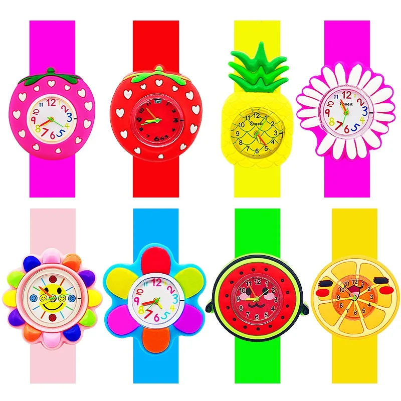 

Girls Watches Baby Kindergarten Party Gift Toy Children Wristwatch Slap Bracelet Clock Cartoon Flower Strawberry Kids Watches