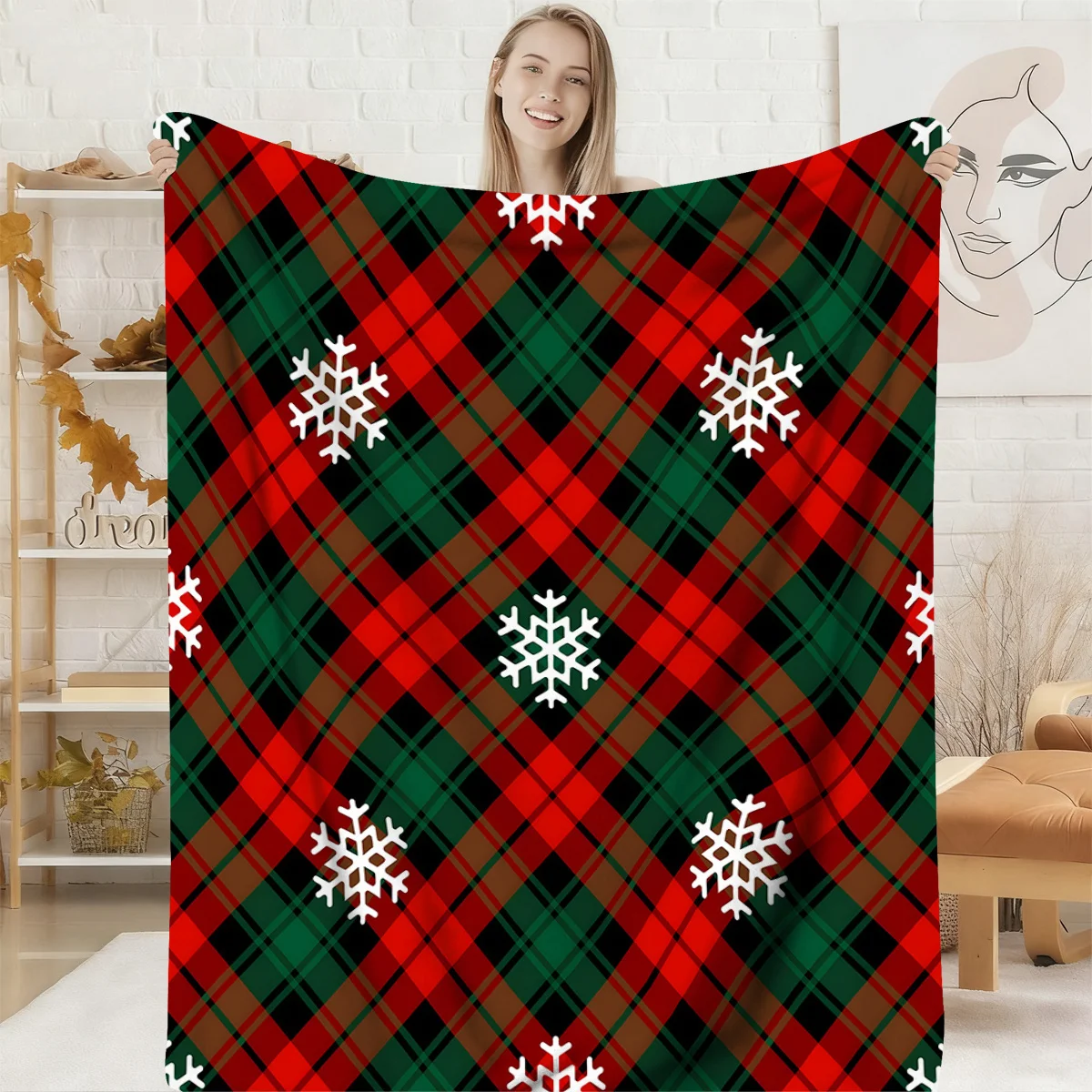 Coperta a quadri con motivi natalizi in stile retrò, con base a quadri rossa, verde e marrone