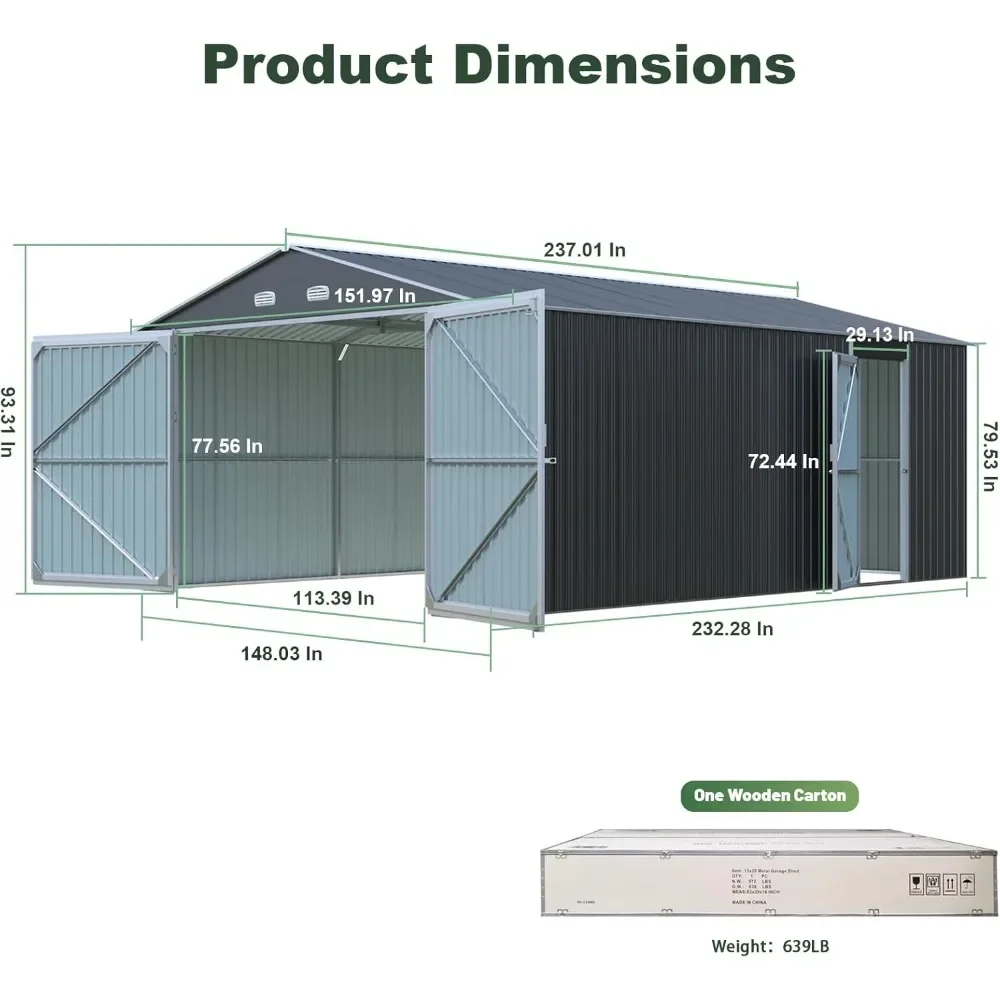 20x13 FT Outdoor Storage Shed, 2 Doors and 4 Vents, Metal Garage, Backyard Tool House Building