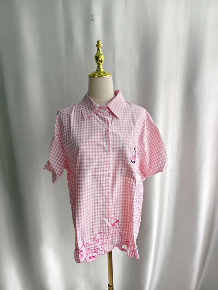 Kimutomo Shirts Women Embroidery Cat Plaid Short Sleeve Sweet Fashion Vintage Y2k Aesthetic Harajuku Blouse Female Casual view 5