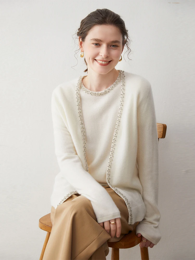 

Luxury Fine Women Cardigan Suite 100% Cashmere Sweater Autumn Winter Cardigan Diamond Chic Office Lady Soft Warm Knitted Clothes