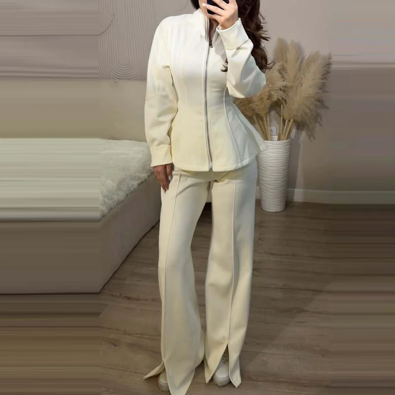 

Fashion Stand Collar Coat & Split Pant Outfits Women Casual Long Sleeve Solid Sport Suit Elegnt Zipper Waist Wide Leg Pants Sets