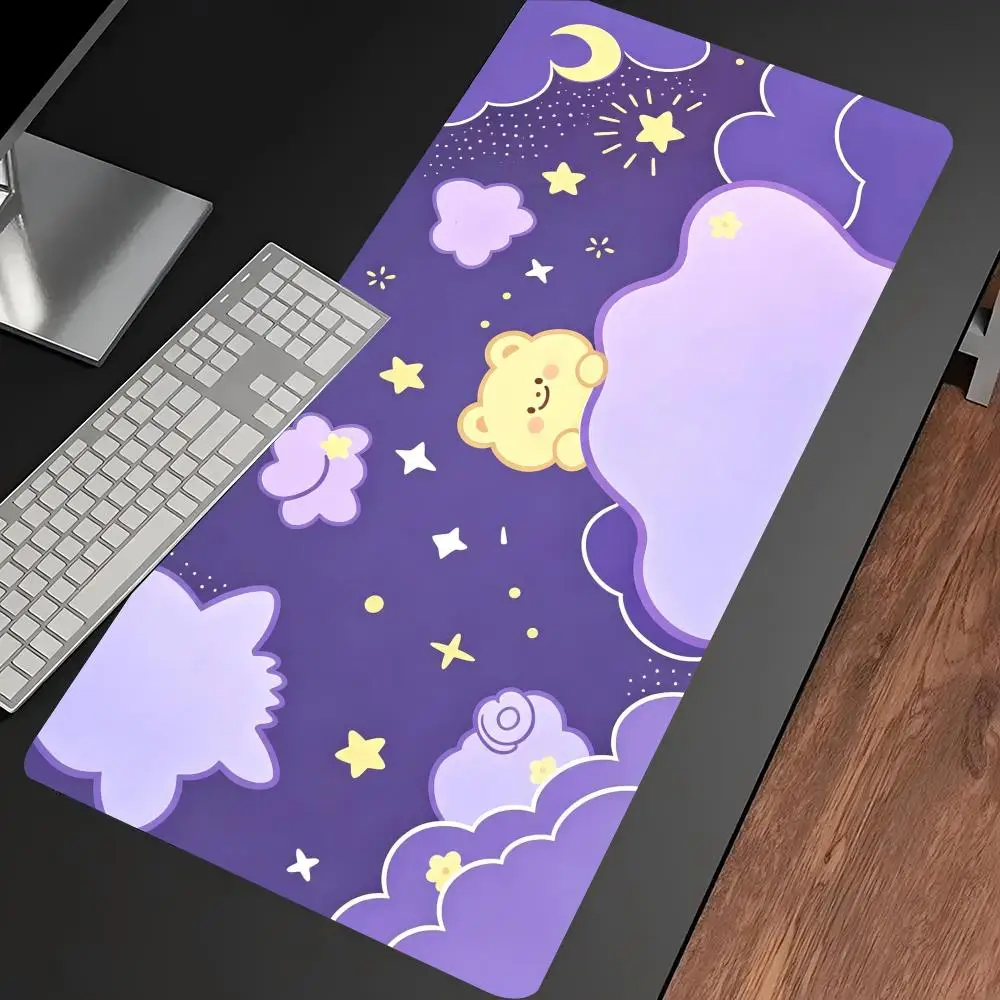Night Sky Star Moon Print Gaming Mouse Pad Large Desk Mat Anti-Slip Rubber Base Stitched Edge Keyboard Mat For Gamers Desktop