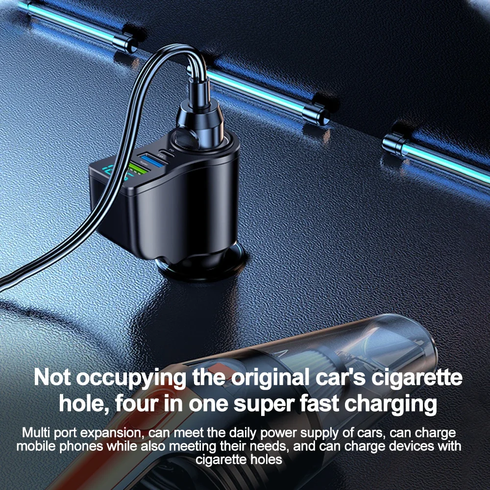 4 في 1 66 واط شاحن سيارة سوبر سريع شحن المقبس الفاصل USB نوع-C شاحن سيارة الجهد شاشة ديجيتال آيفون هواوي