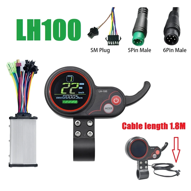 LH100 LCD Display Throttle Meter+36V 350W Sine Wave Controller for Electric Scooter/Ebike LCD Speedometer(SM Plug)