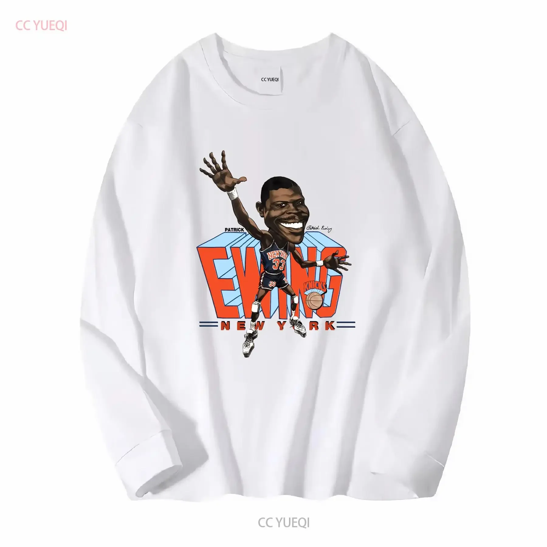 Patrick Ewing Caricature Big Head T Shirt Sport gray tee All sizes 2F1362 long sleeves vintage Washed Top For Everyday Wear