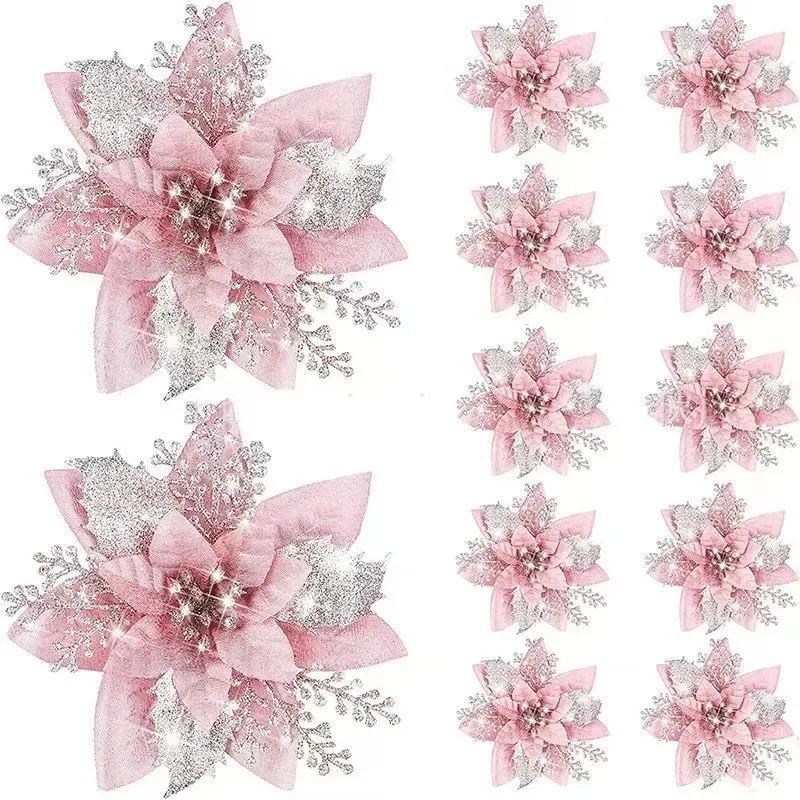 

2 Pieces Christmas Poinsettia Glitter Faux Flowers Christmas Artificial Flowers Tree Ornaments Topper Xmas Decorations