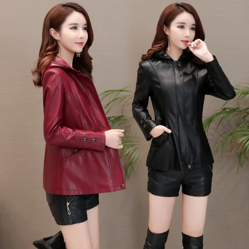 2023 Autumn Winter Women's Leather Jackets Clothes Short Silm Casual Coats Versatile Hooded Leather Jacket for Women Jaqueta CJK