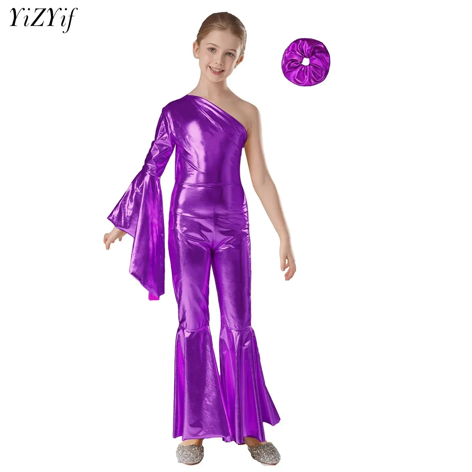 Kids Girls Metallic Shiny Bell-Bottom Dance Jumpsuit Ballet Ballroom Jazz Dance Costumes One Shoulder Bodysuit Headwear Set