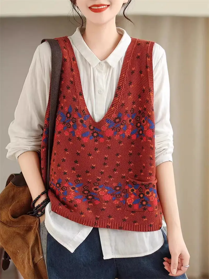 Ethnic Style V-Neck Knitted Sleeveless Vest Loose Short Jacket For Women 2024 Spring Summer Printed Sweater Waistcoat Tops K504