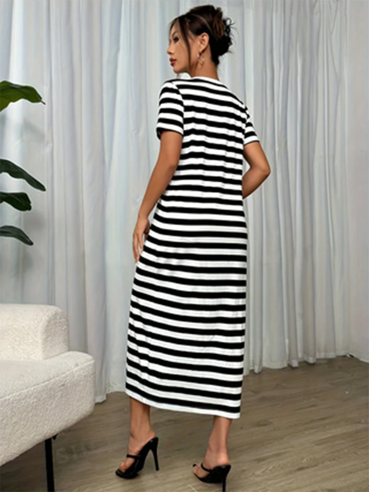 Ladies' Fashionable Round Short Sleeved Slit Black And White Striped Long Women's Dress Elegant Party 2024 Best-Selling Style