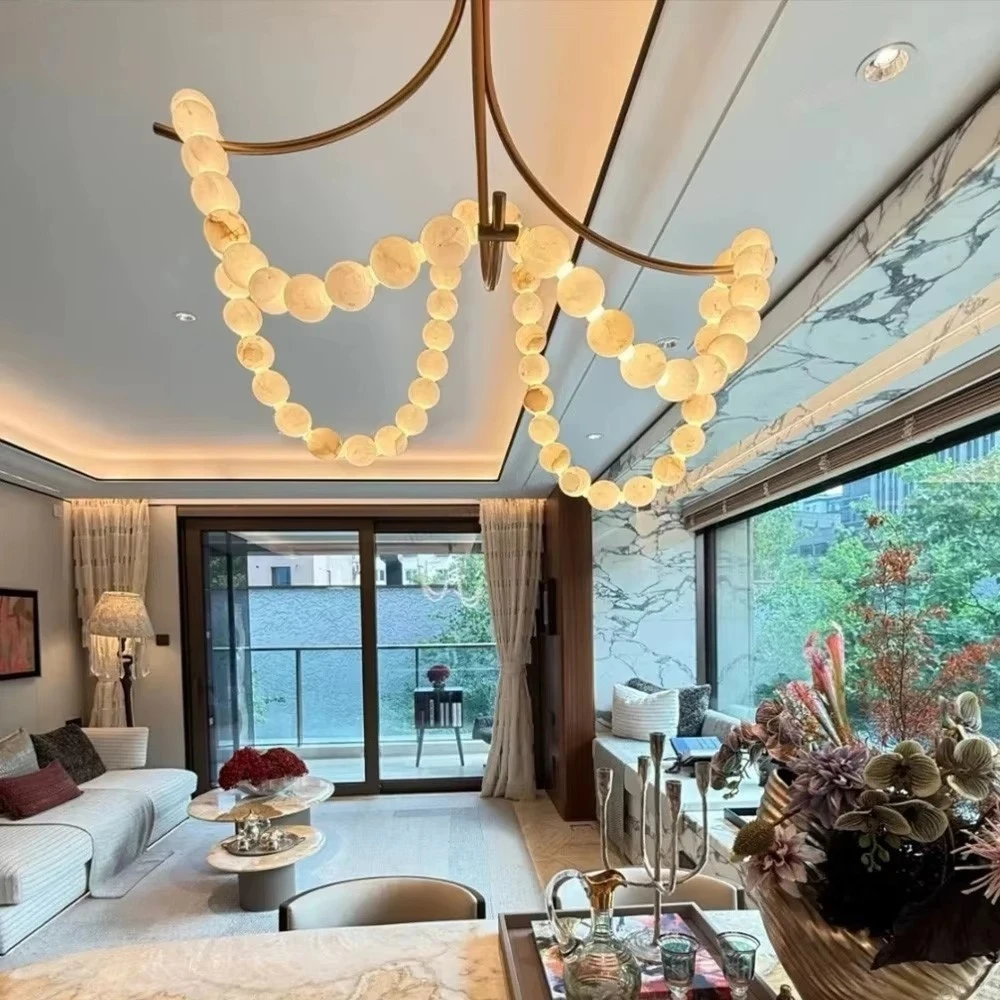 Nordic Style Pearl Marble Pendant Lamp Featuring Spanish Stone Circular Design In Brass Black Nickel Colors Adjustable Brightnes