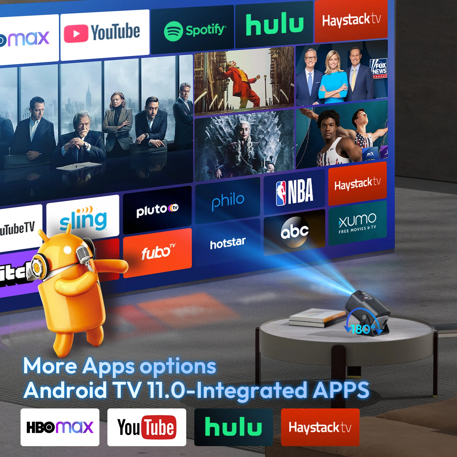 XGODY 4K 12000 Lumen 180° Rotatable/Portable Projector Smart 5G WiFi BlT 5.2 Android TV Home Theater Movie Beamer Bluetooth