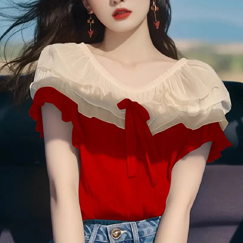 

Bow Tie Ruffle Hem Short Sleeve Shirt Summer Premium Feel Chiffon Top