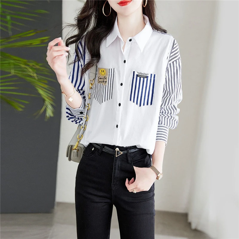 Women Striped Patchwork Pockets Streetwear Button Shirts Korean Fashion Long Sleeve Loose Blouses Chic Cotton Tunic Tops Blusas