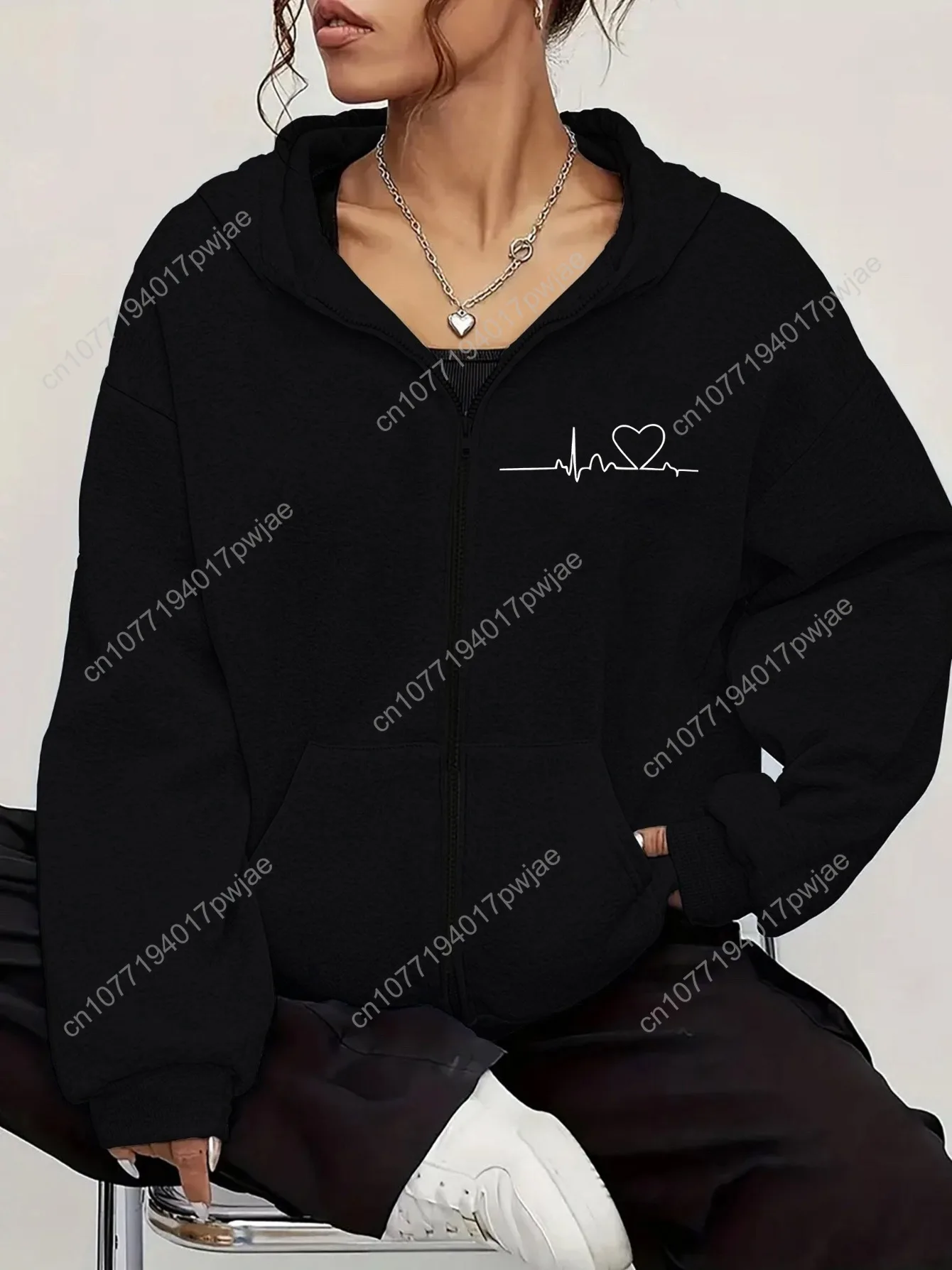Elegante felpa con cappuccio da donna con cerniera e design Heartbeat Line: pullover casual per tutte le stagioni, vestibilità comoda, felpa con cappuccio con cerniera | Casual S