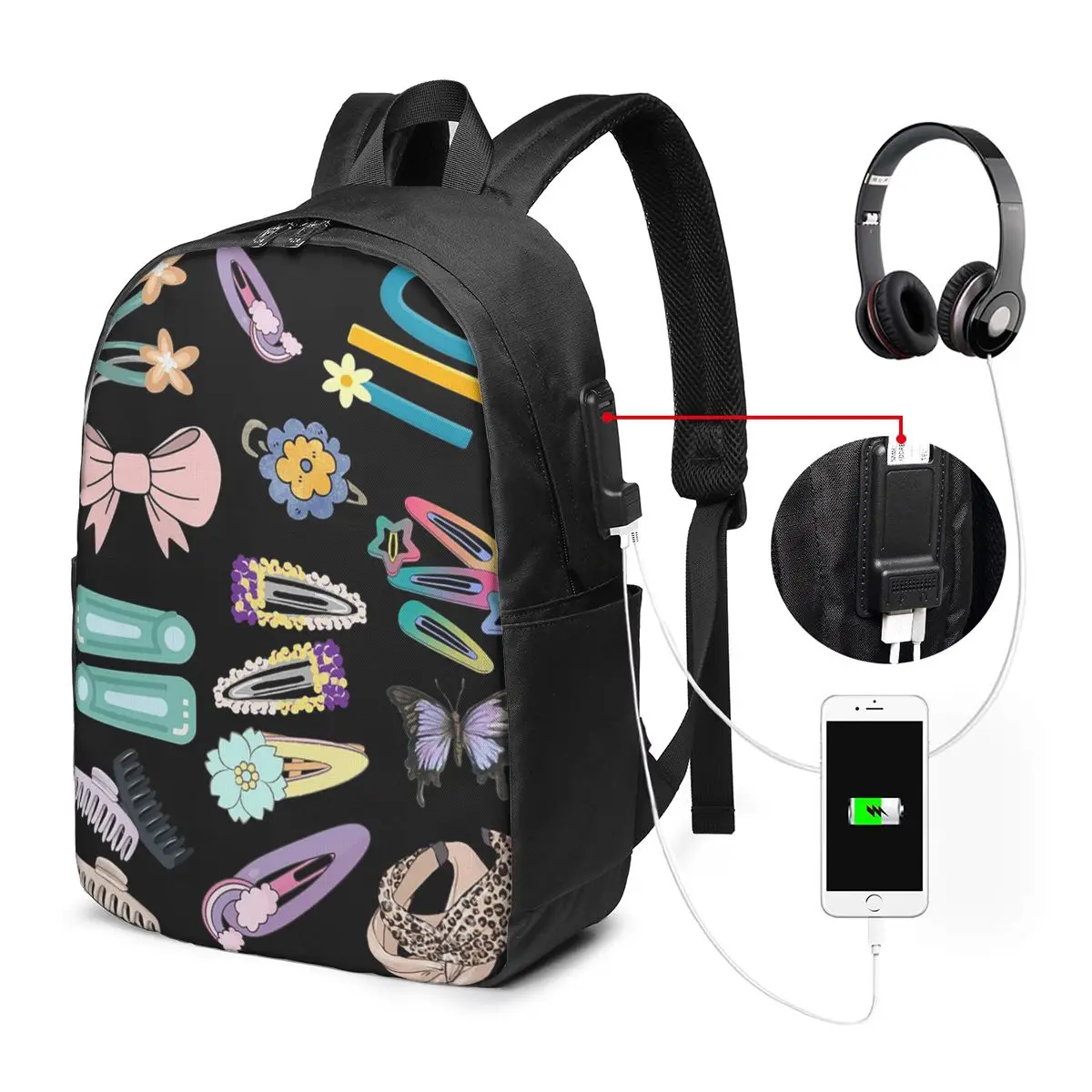 Hair Stuff Clip And Headband Pattern Backpack Travel Notebook Bag Computer College Student School Bag Laptop Shoulder Bags