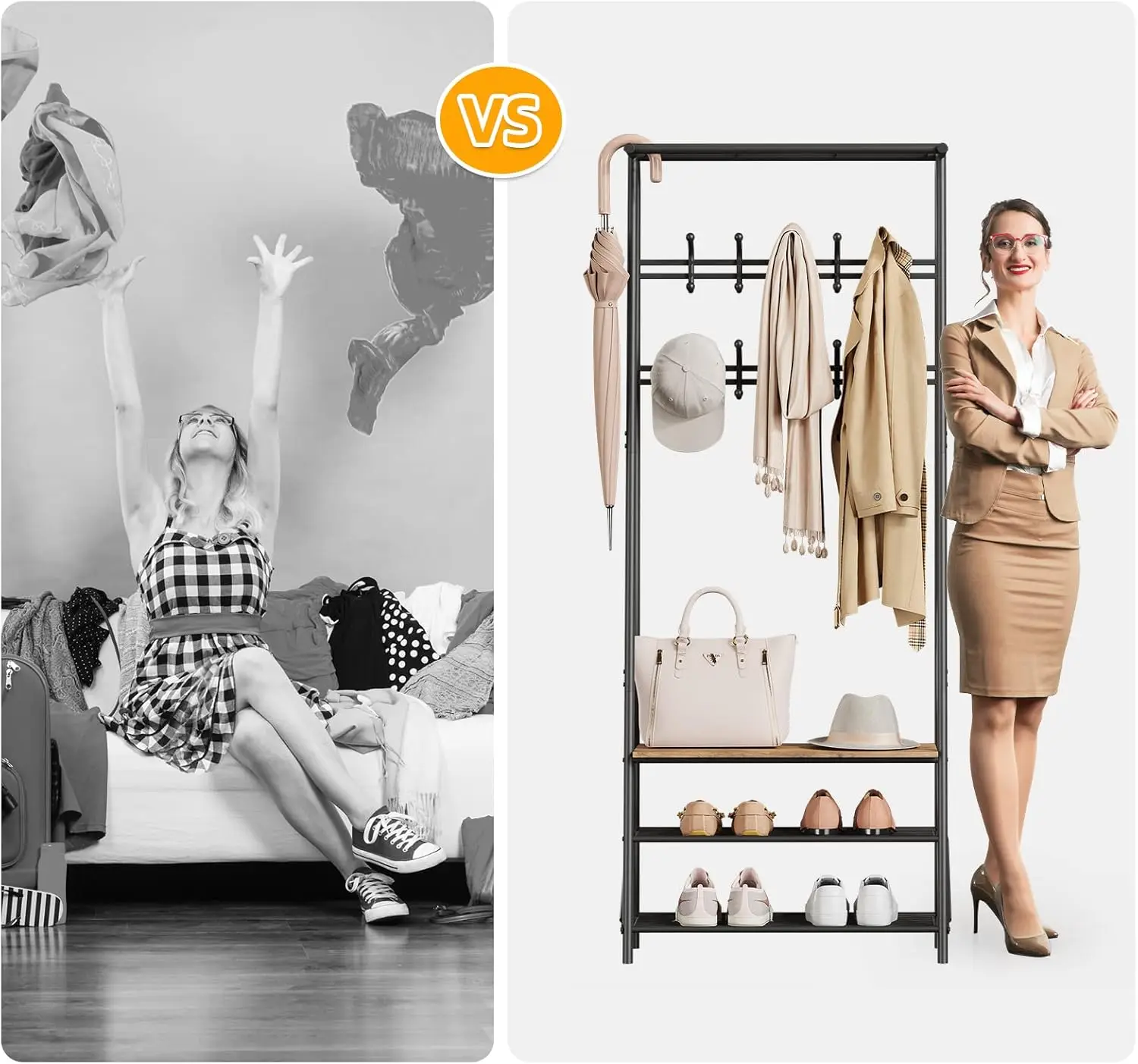 4-in-1 Coat Rack Shoe Bench - 5 Hooks & 4-Tier Storage Shelf, Metal Frame Wood Look Entryway Hall Tree, Multifunctional