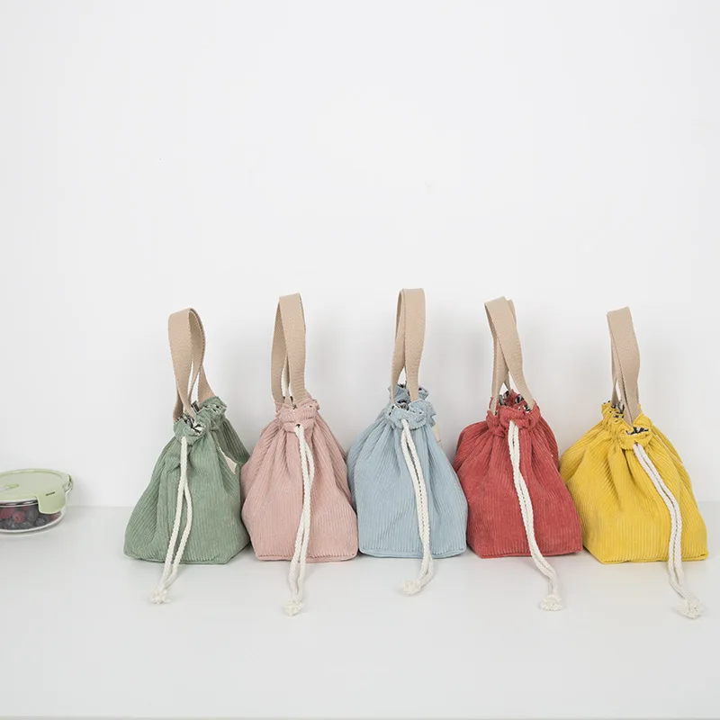 Lunch Bag Corduroy Canvas Lunch Box Drawstring Picnic Tote Eco Cotton Cloth Small Handbag Dinner Container Food Storage Bags