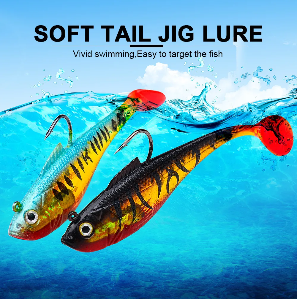 1/5 Stück Künstlicher Weichköder mit Jigkopf 3,6g 9,5g 24,6g Jigging-Weichköder Gummi-T-Schwanz Angelköder Schwimmköder für Barsch und Hecht – Detail 1