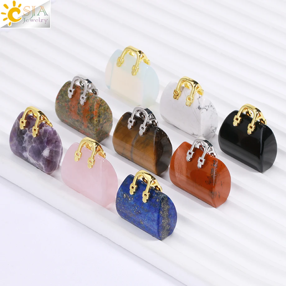 CSJA Natural Gem Stone Handbag Pendant Necklace for Women Healing Amethysts Pink Crystal Pendants Jewelry Home Decor Gift H171