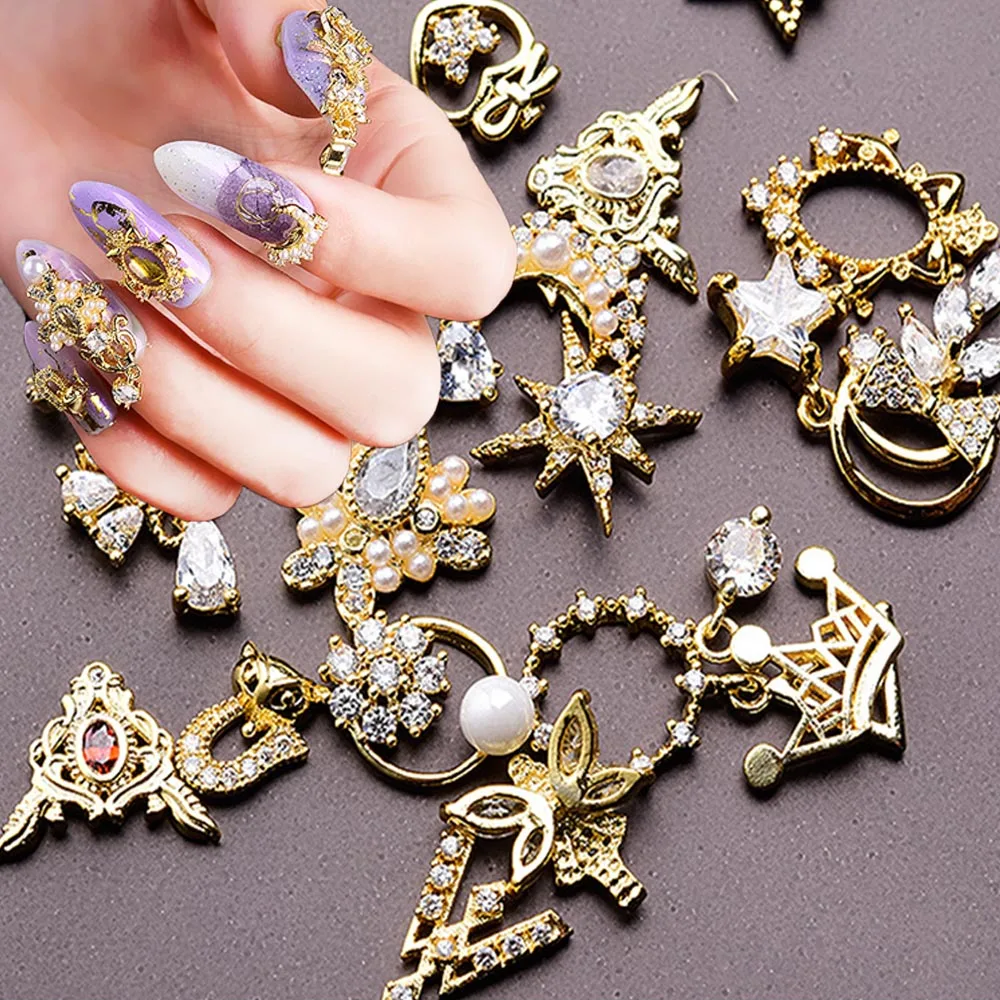 3D Gold Moon Pearl Stars Metal Zircon Diamond Nail Art Jewelry Nail Rhinestones Crystal Pendant Nail Art Decorations