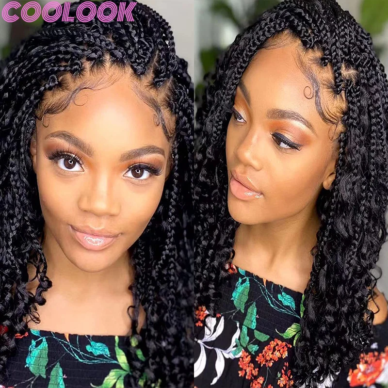 Synthetic Curly Boho Knotless Box Braided Wigs Goddess Bohemian 360 Full Lace Braids Wig 12 Inch Short Bob Lace Front Braid Wigs