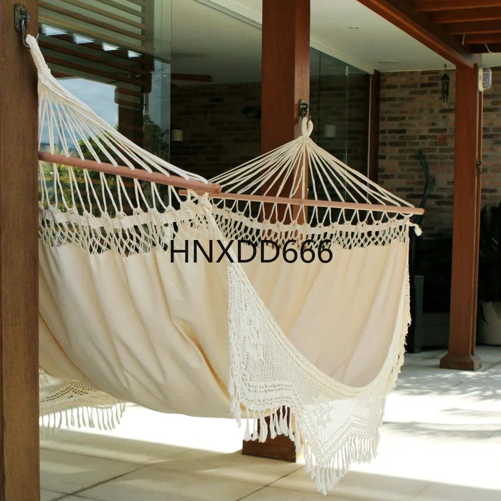Ivory Off White Cotton Fabric 1 Person Brazilian Hammock with Spreader Bars and Crochet Fringe,