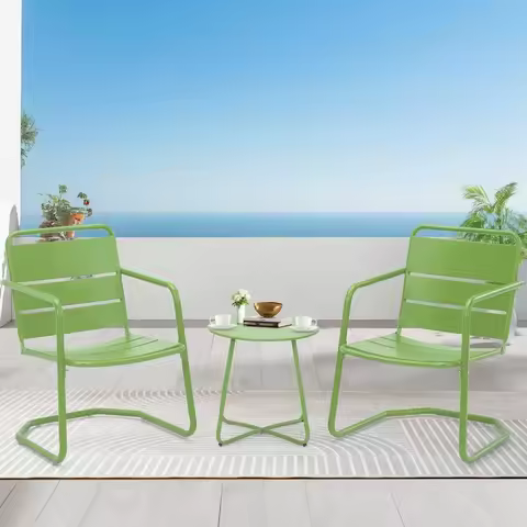 Spring Metal Chairs with Round Side Table, Outdoor Bistro Set for Balcony, Front Porch, Poolside, Garden, Deck