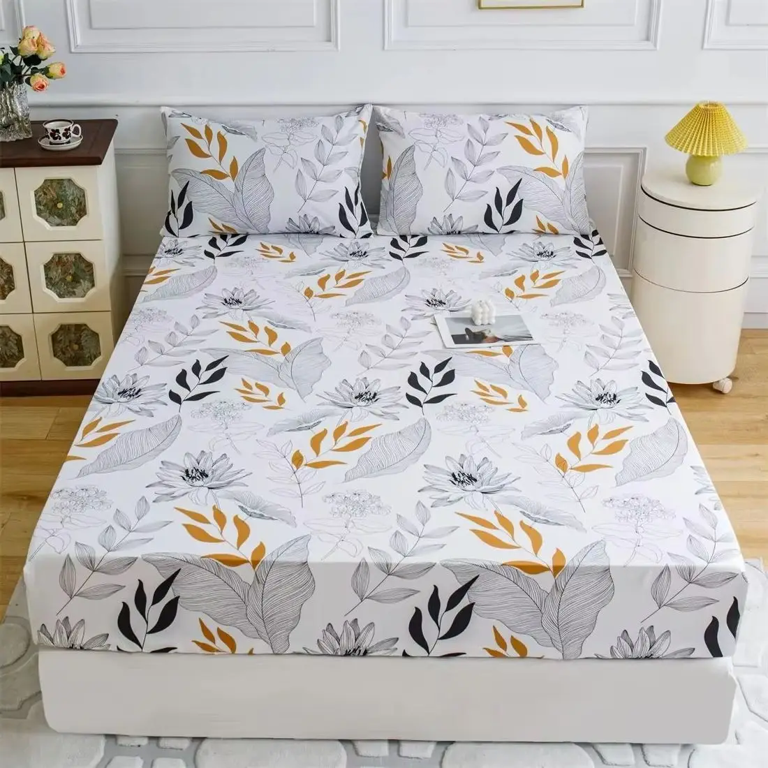 1 Piece Bedsheet Yellow Light Gray Leaves Pattern Frosted, Bedroom Printed Bedspread, Bedding (Excluding Pillowcase)bed Cover