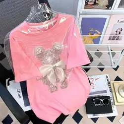 Sweet Pink Cotton T-shirt Heavy Handmade Diomand Shiny Bowknot Bear Cartoon Graphic T Shirt Summer Tees Top Accessories Clothes