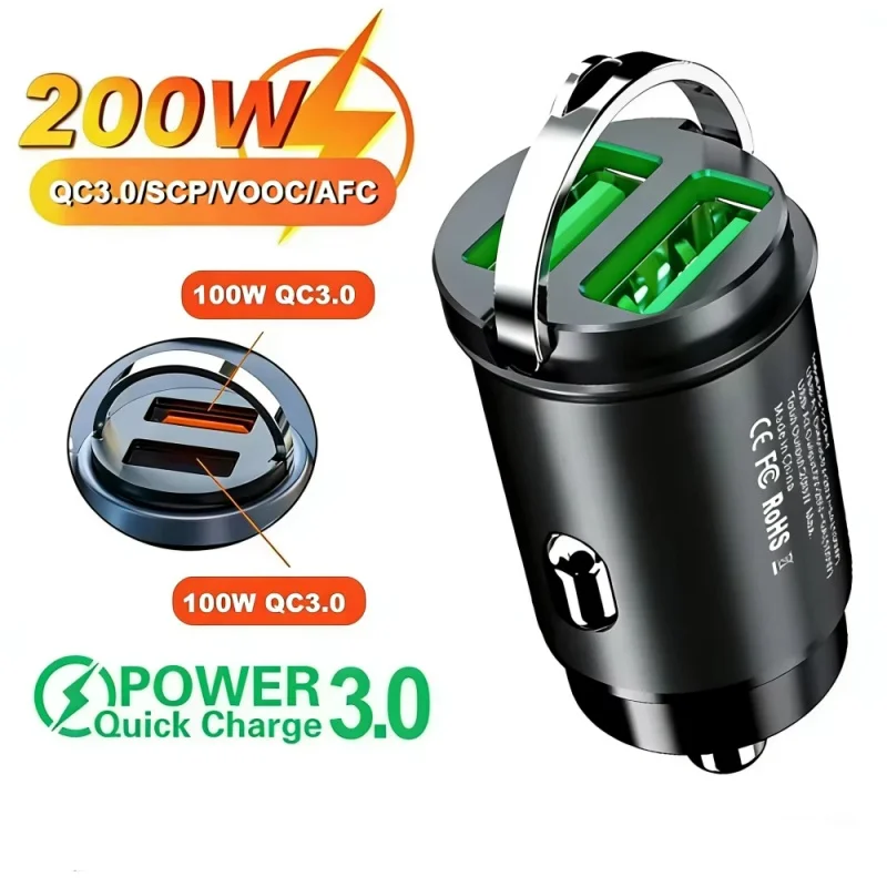 200W Mini Dual Ports USB Car Charger Lighter Fast Charging Car Phone Charger Adapter for iPhone 13 12 Xiaomi Huawei Samsung