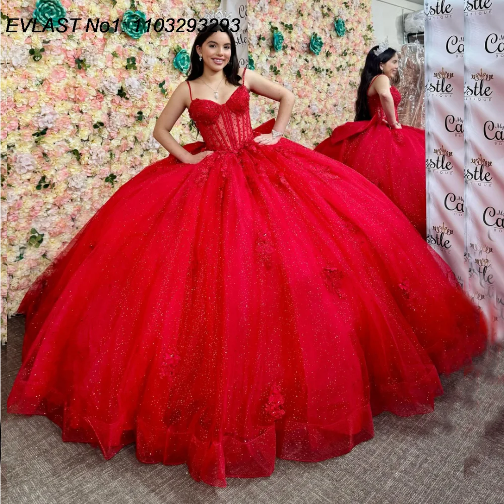 

EVLAST Customized Mexican Red Quinceanera Dress Ball Gown Lace Applique Beading Bow Corset Sweet 16 Vestido De 15 Anos E1Q172