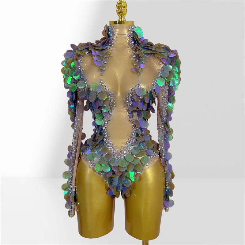 Gradient Sequins Shining Diamonds Long Sleeve Bodysuit Fashion Woman Birthday Party Dress Singer Dancer Performance Costumeg