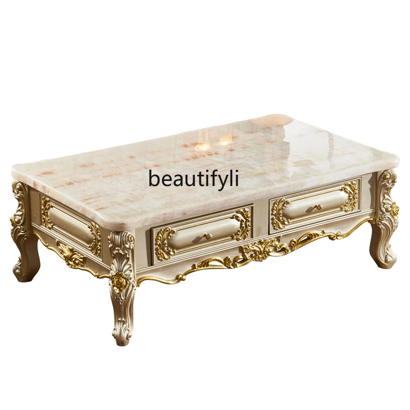 

European Coffee Table Wood Carved American Marble Living Room Neoclassical Tea Table TV Cabinet