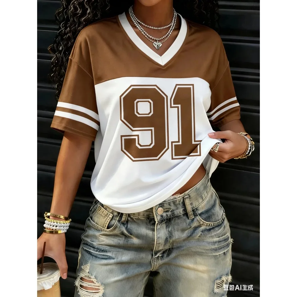 American Style Women Print Fashion Comfortable Lightweight Breathable V-Neck Short Sleeved Baseball T-Shirt Tops Tee Casual Top
