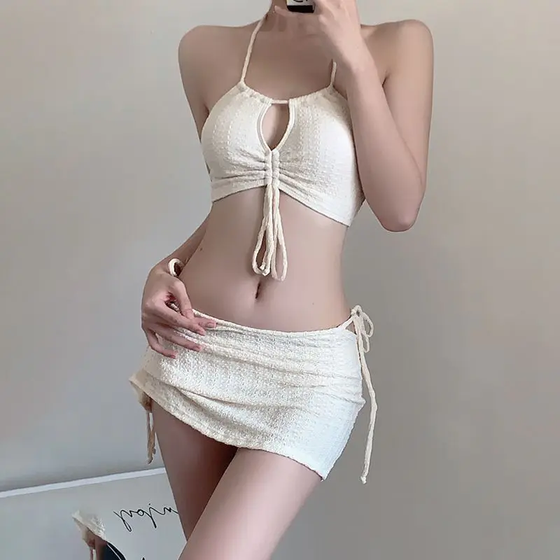 KPOP Fashion Style Harajuku Kawaii Aesthetic Sexy Bikinis Sleeveless Hollow Out Loose High Waist Women\'s Three Piece Swimsuit