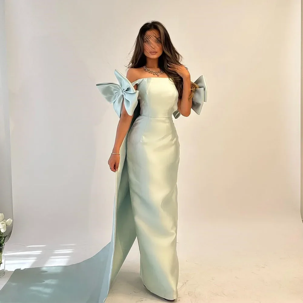 

Customized Evening Dresses Boat Neck Bow Sleeveless Satin Straight Prom Gown Backless Solid Color Formal Party Dress for Women