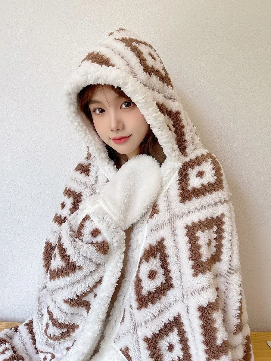 Ins Bohemia Blanket Flannel Cloak Hooded With Hat Wearable Winter Warm Women Home Cosplay