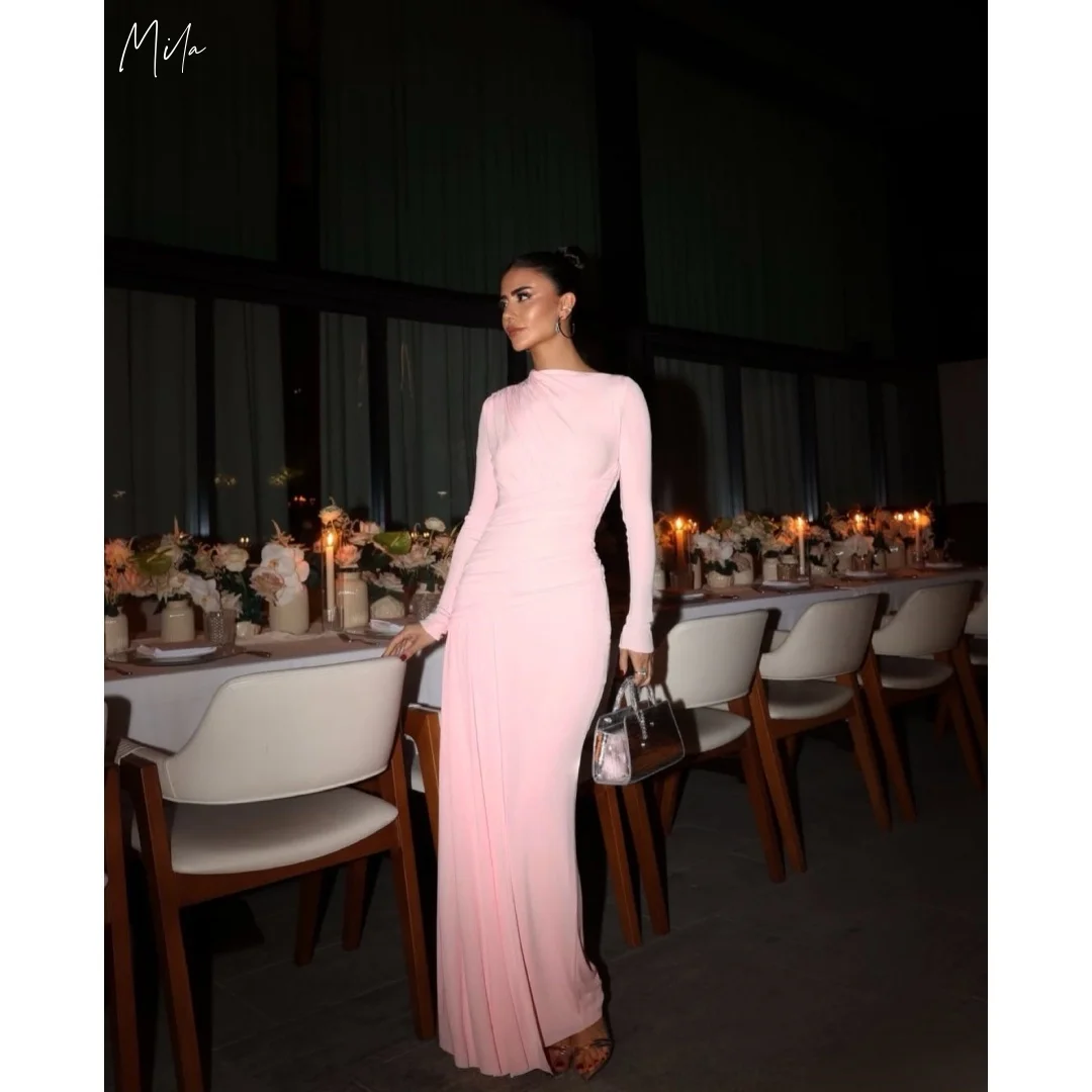 

Mila Blush High Neck Long Sleeve Ruched Prom Dresses Slim Maxi Gown Customized Formal Evening Elegant vestidos de gala 2025
